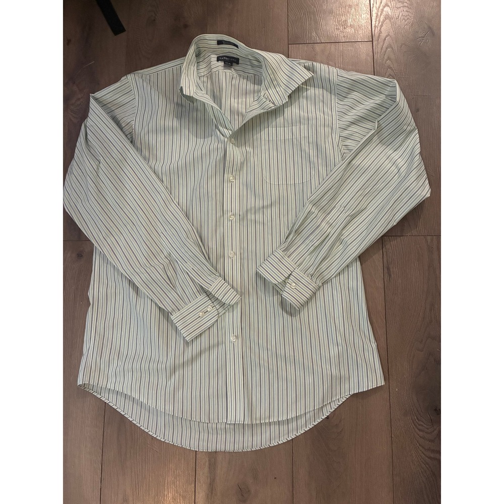 Lands End Button Down Dress Shirt 17-37 Tall Green Blue Striped